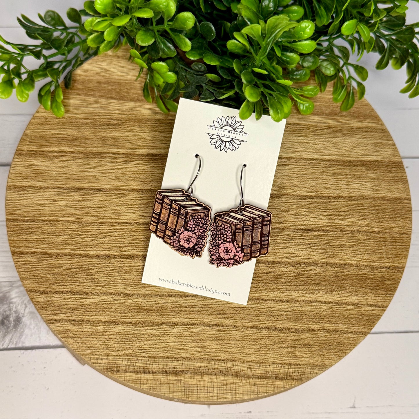 Book Stack and Floral Leather Earrings - 3 Sizes!