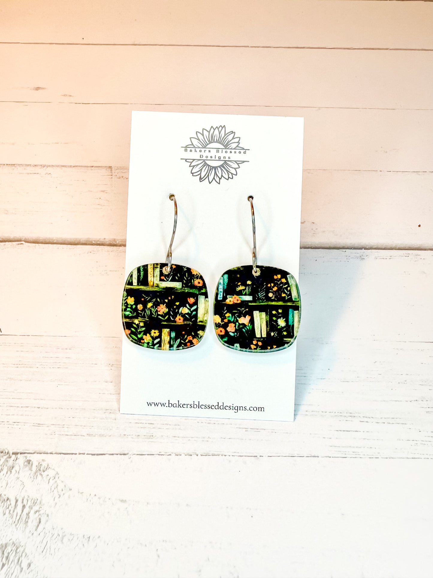 Bookshelf Floral Dangle Earrings – Handmade Lightweight Jewelry for Book Lovers