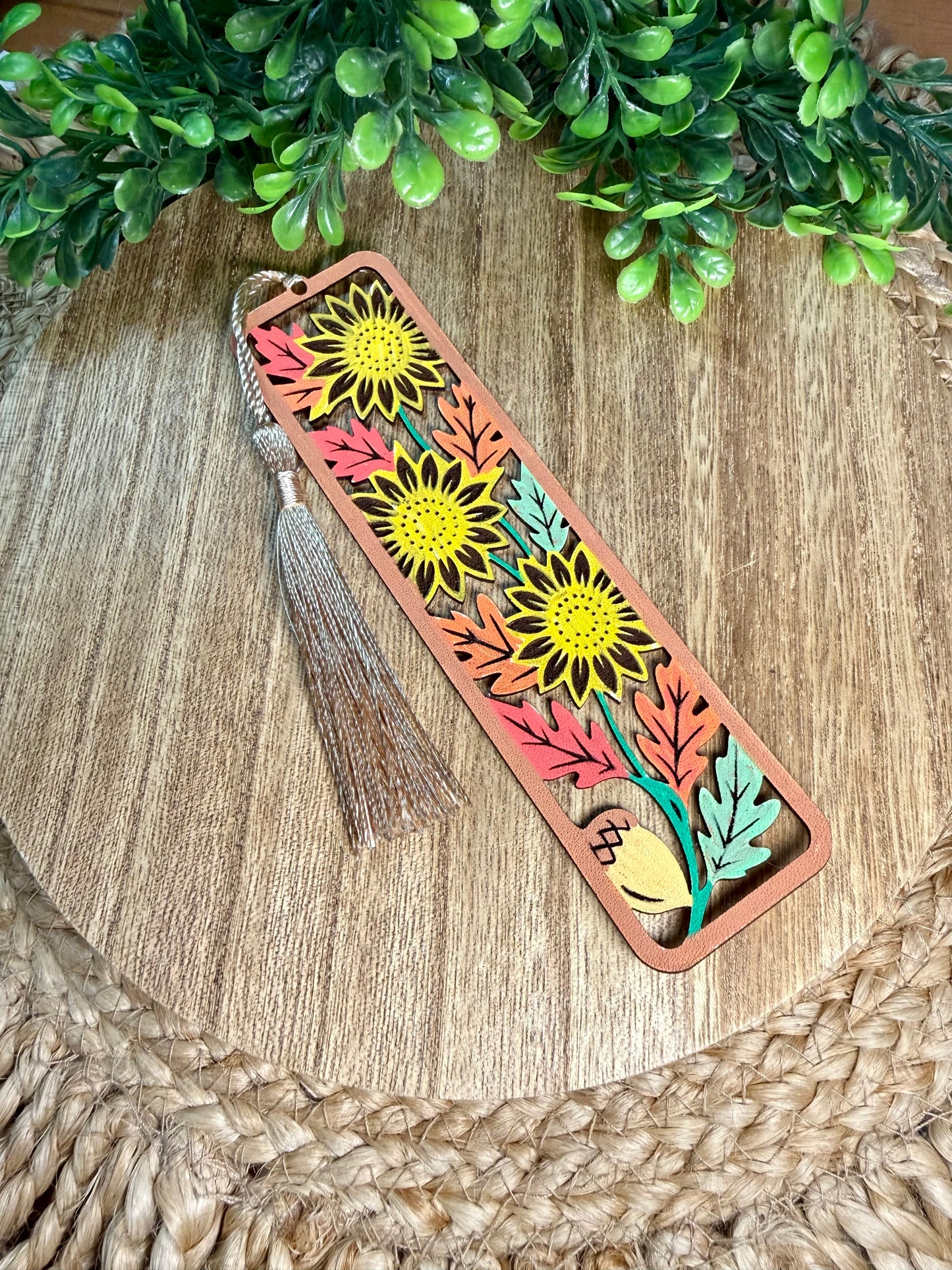 Fall Sunflower/Leaves Leather Bookmark