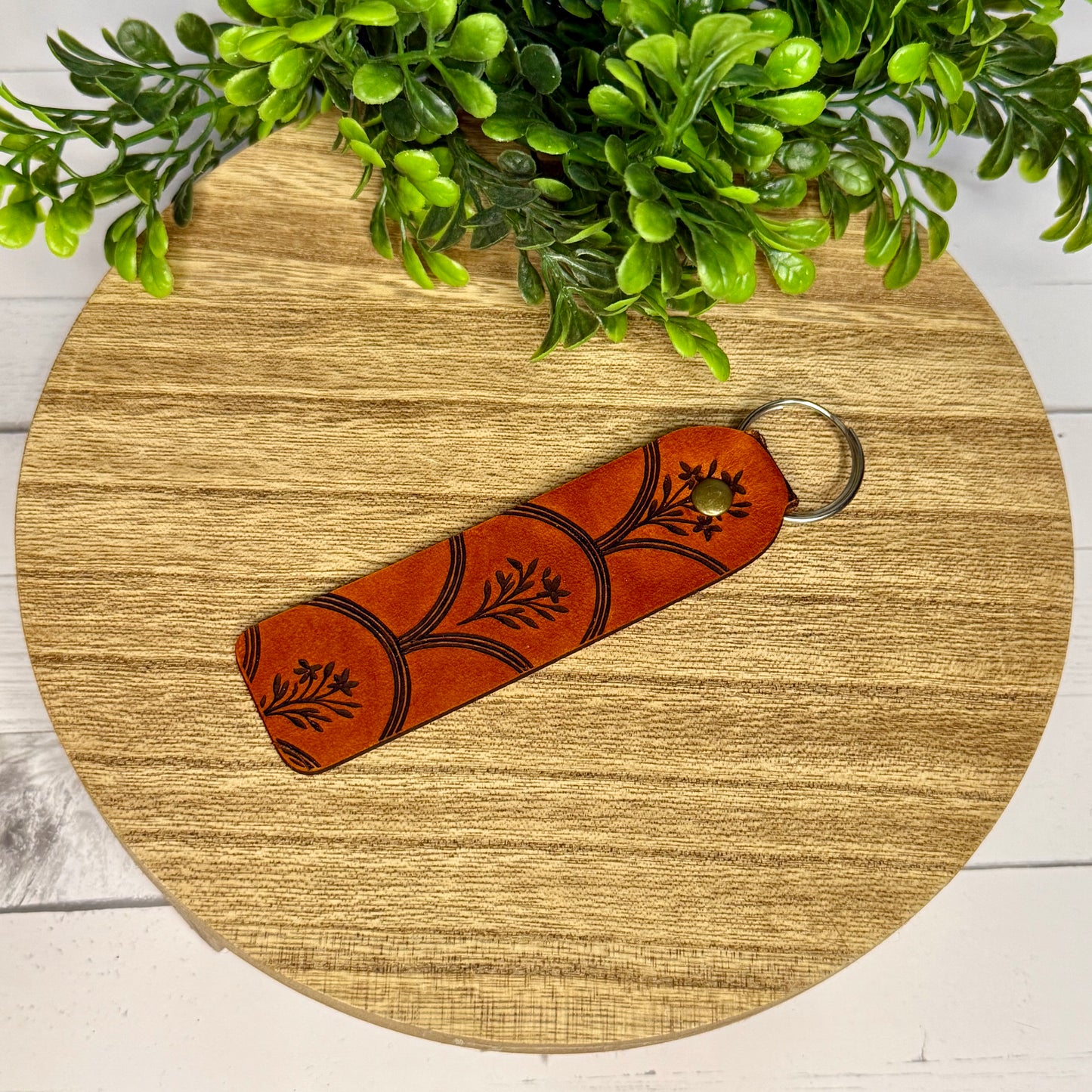 Floral Engraved Leather Keychain
