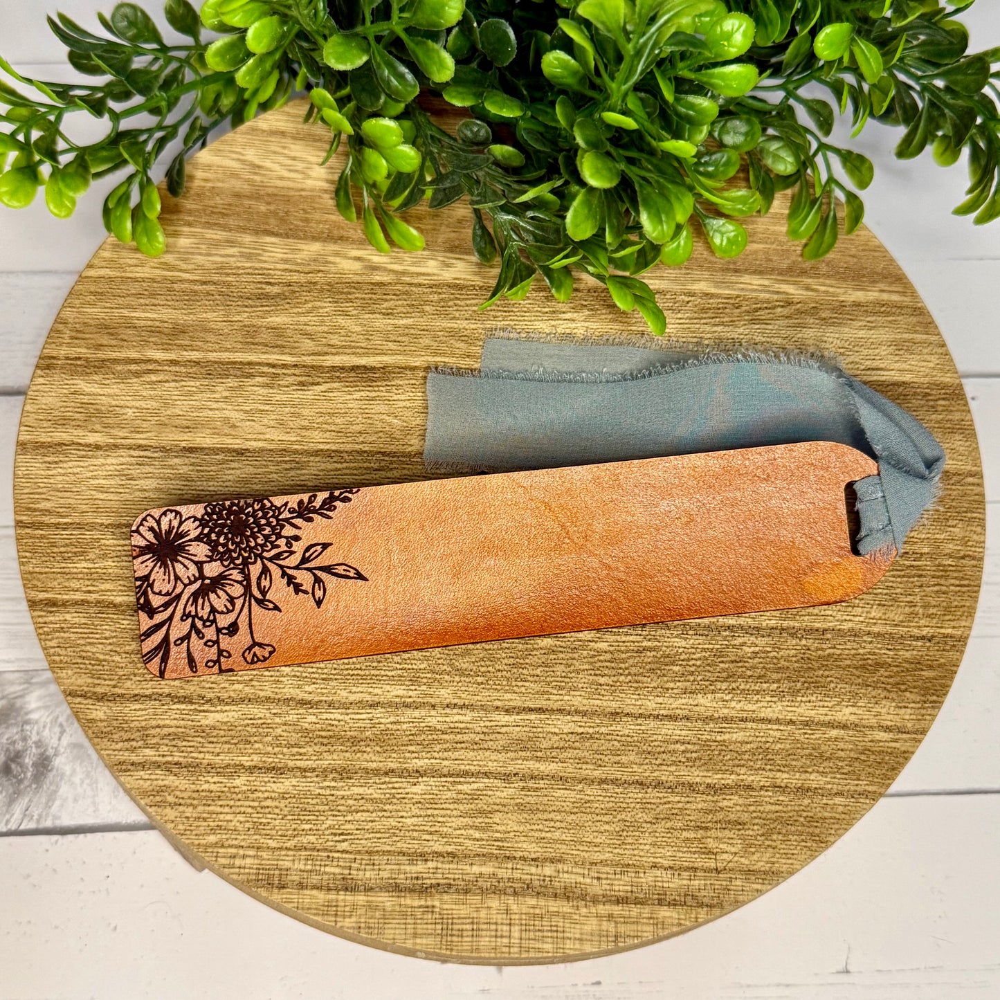 Light Stained Floral Leather Bookmark with Blue Ribbon