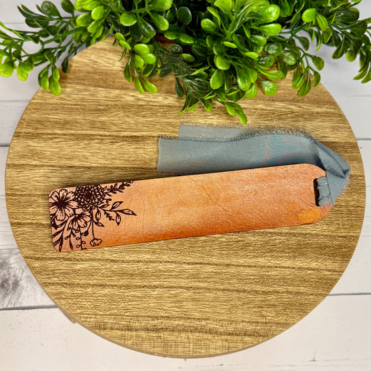 Light Stained Floral Leather Bookmark with Blue Ribbon