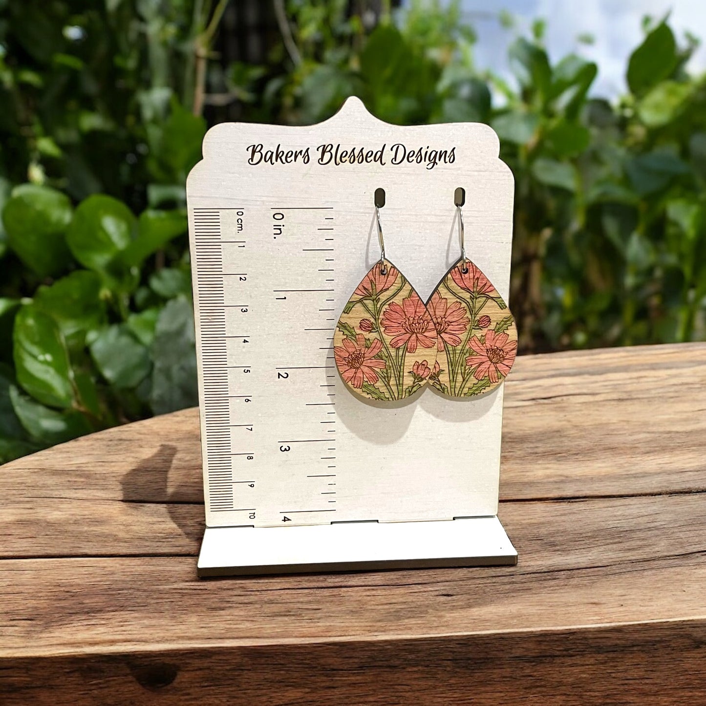 Floral Teardrop Wooden Earrings