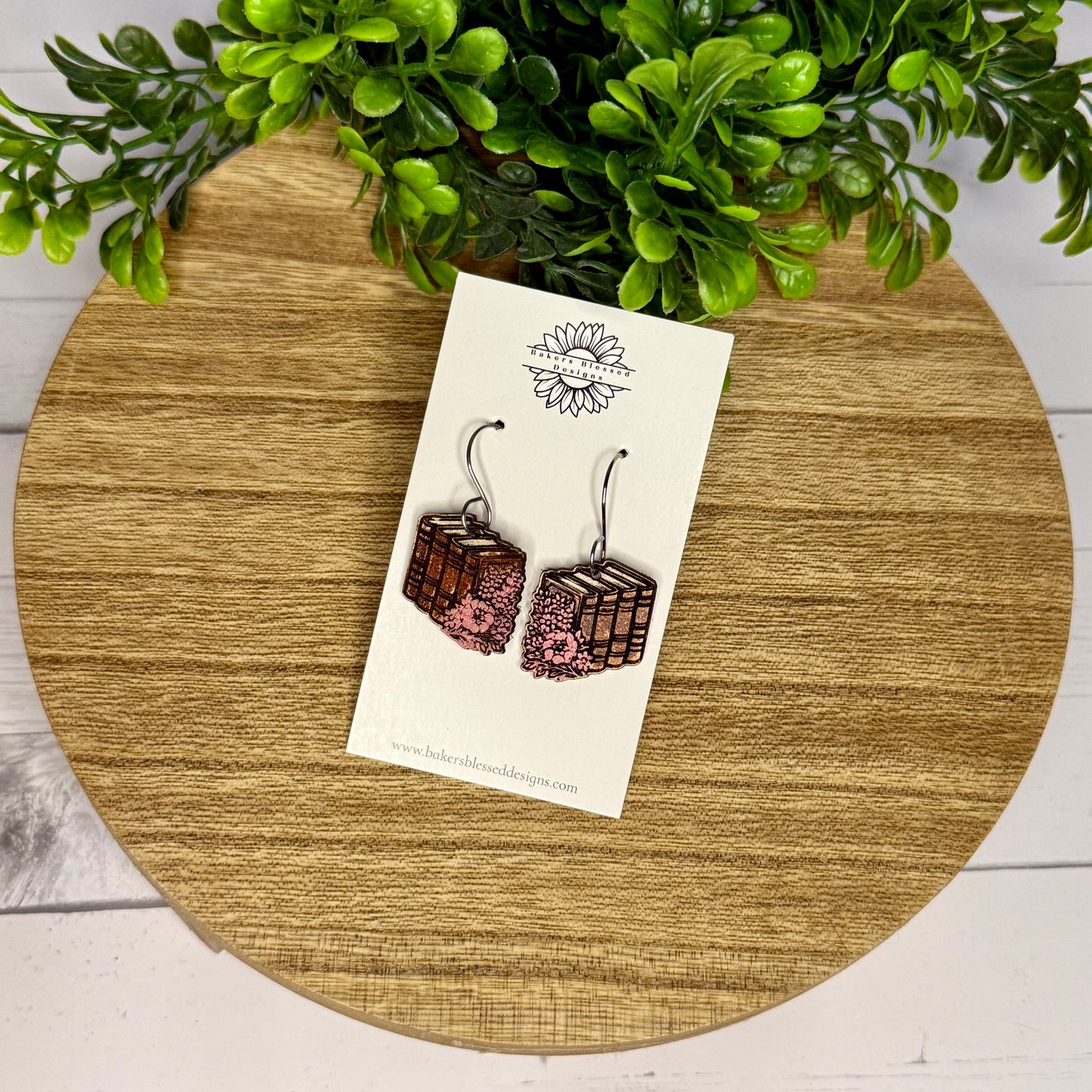 Book Stack and Floral Leather Earrings - 3 Sizes!