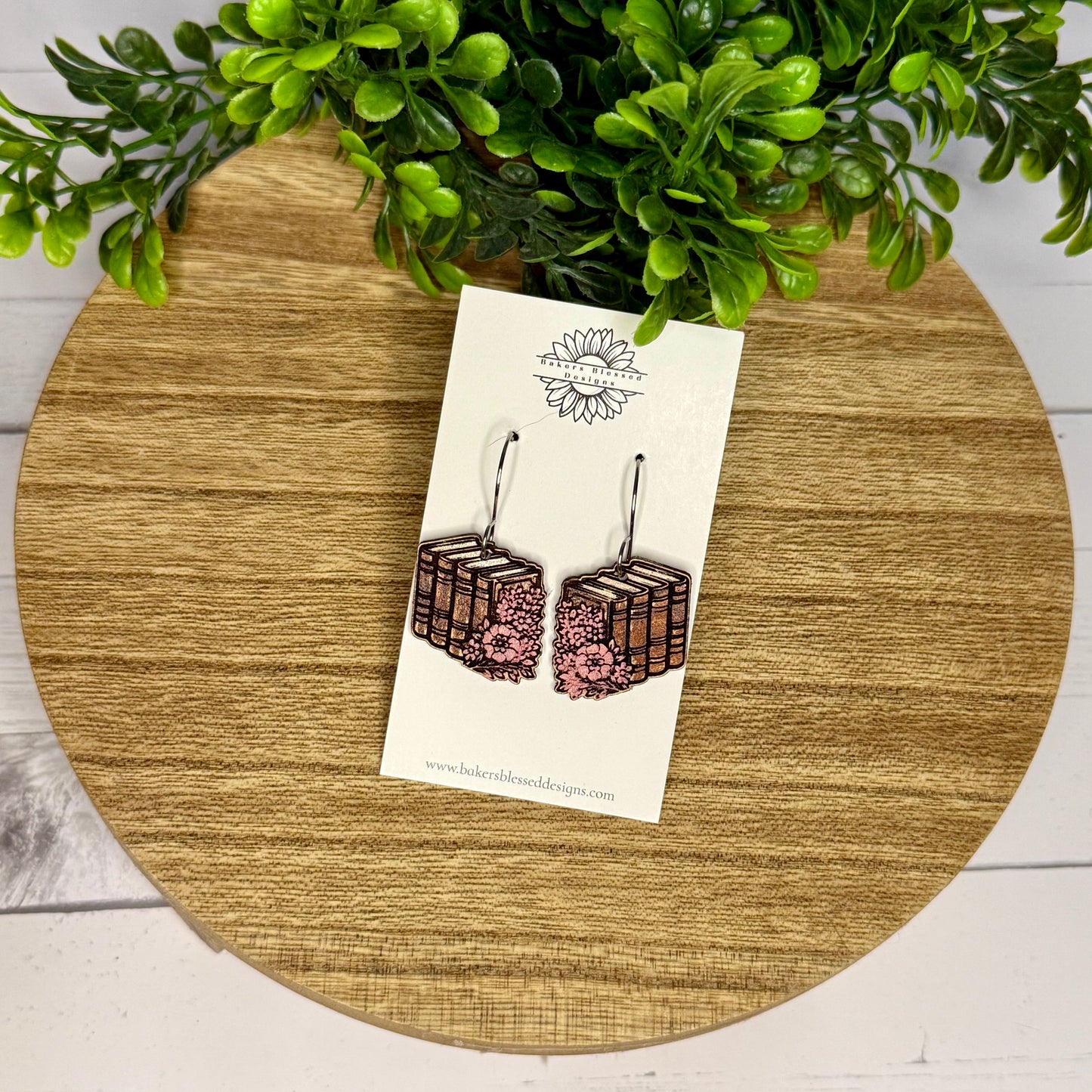 Book Stack and Floral Leather Earrings - 3 Sizes!