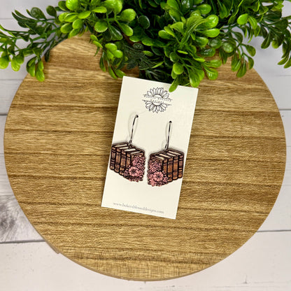 Book Stack and Floral Leather Earrings - 3 Sizes!