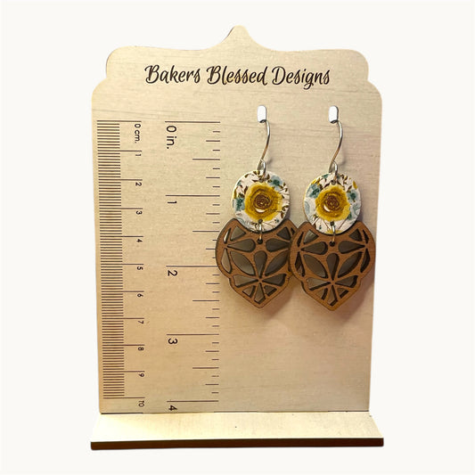 Floral Cork and Abstract Wooden Earrings