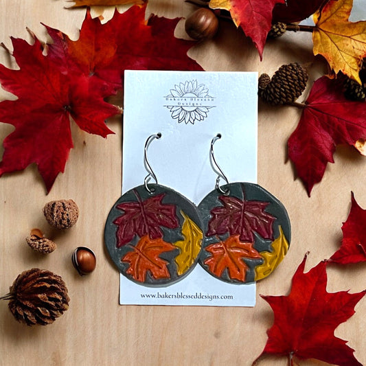 Dark Leaf Large Circle Leather Earrings