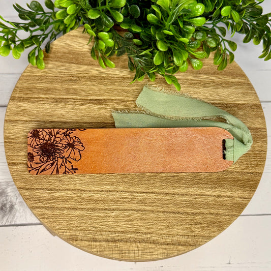Light Stained Floral Leather Bookmark with Green Ribbon