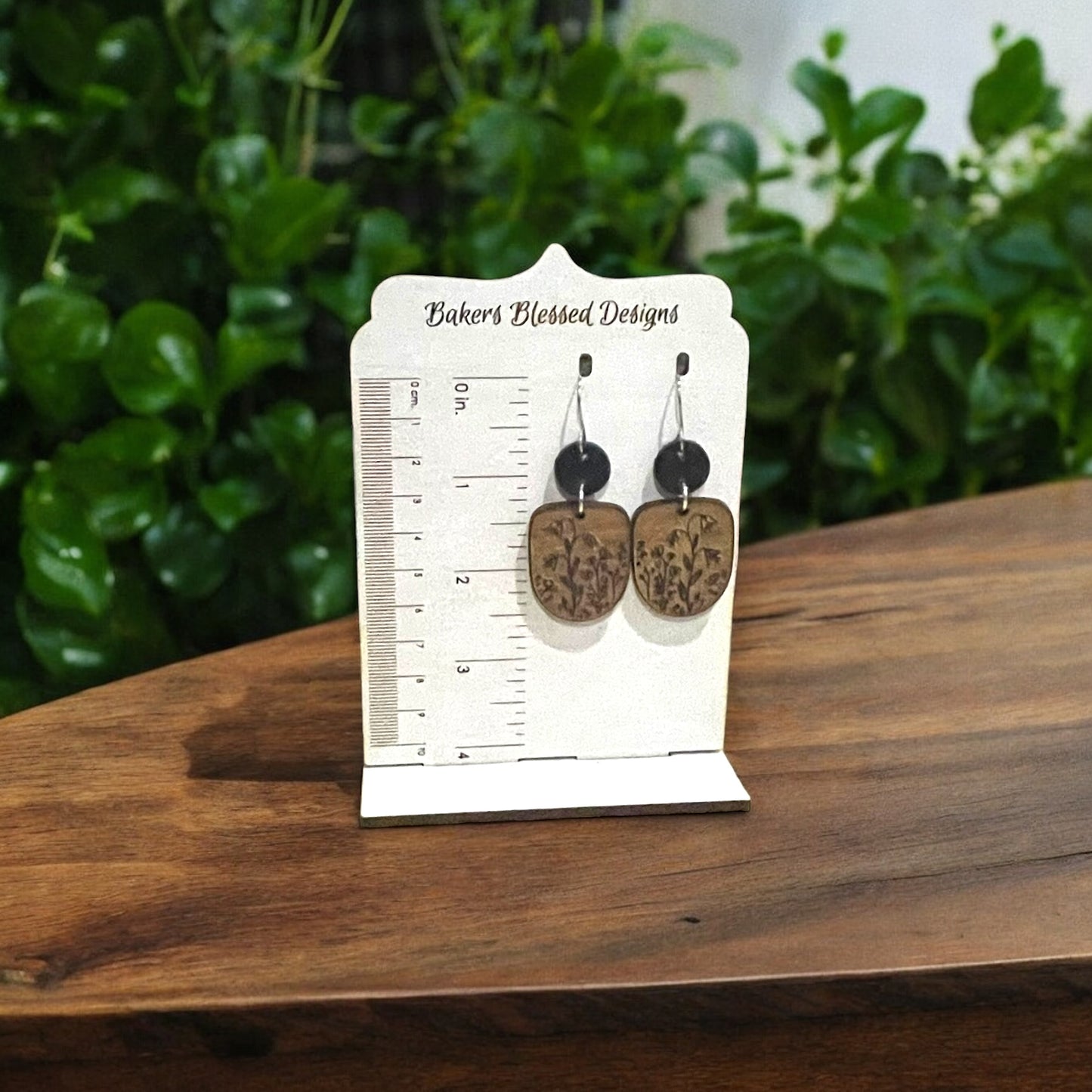 Black Floral Geometric Wooden Dangle Earrings