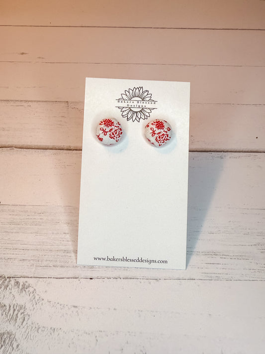 Red Floral Fabric Stud Earrings – White Background Everyday Jewelry