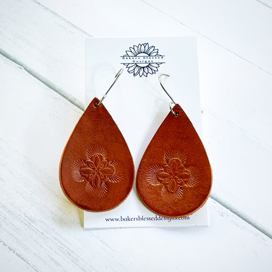 Teardrop Tooled Light Brown Leather Earrings