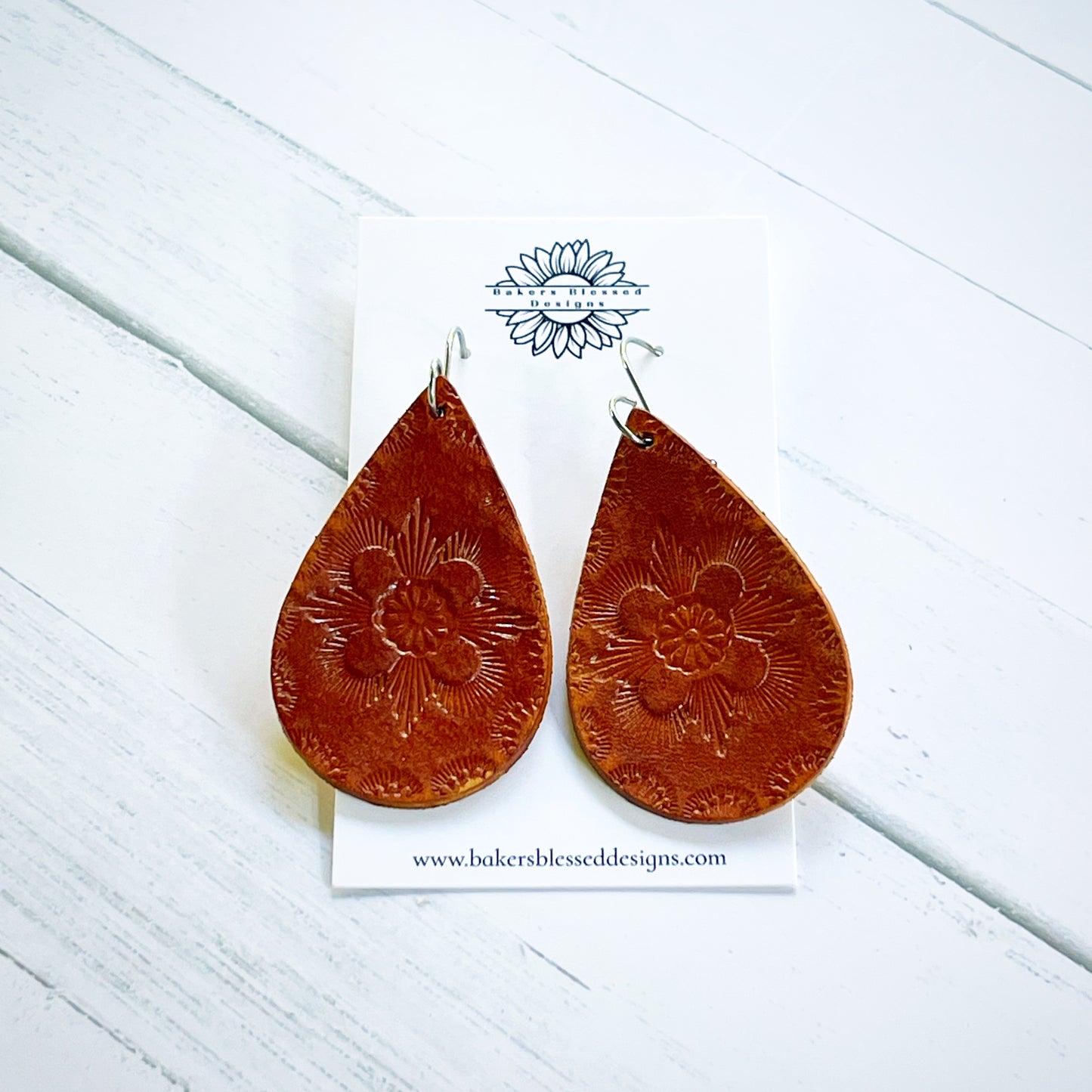 Teardrop Tooled Design Light Brown Leather Earrings