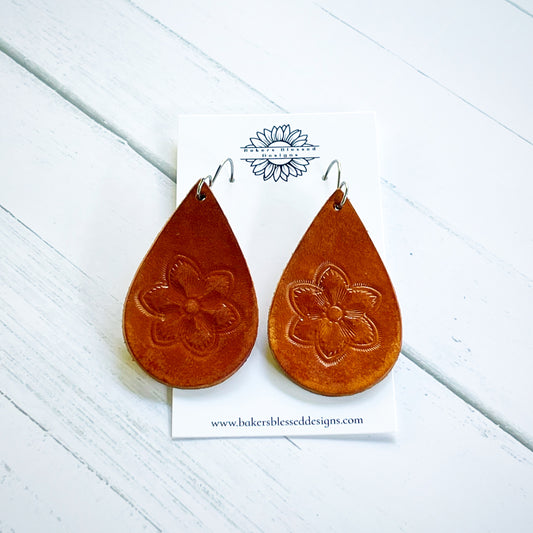 Teardrop Tooled Floral Light Brown Leather Earrings