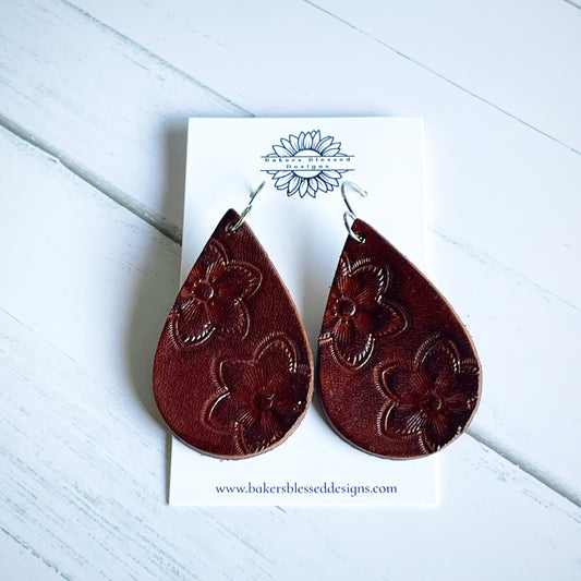 Teardrop Tooled Floral Leather Earrings