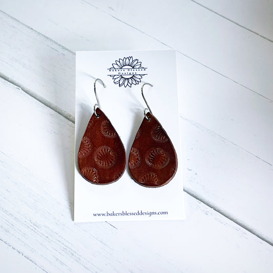 Teardrop Tooled Brown Leather Earrings