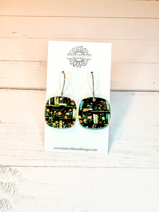 Bookshelf Floral Dangle Earrings – Handmade Lightweight Jewelry for Book Lovers