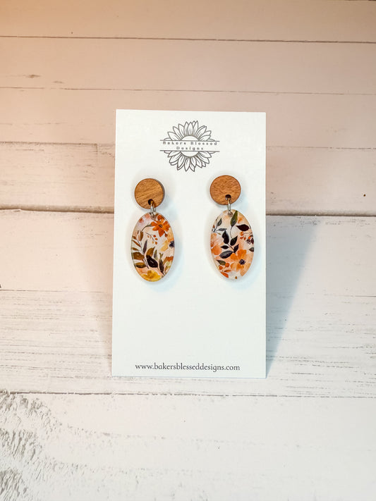 Autumn Floral Wood Stud Earrings – Handmade Lightweight Oval Statement Jewelry