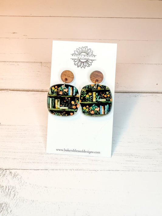 Wood & Bookshelf Floral Earrings – Handmade Lightweight Statement Jewelry for Book Lovers