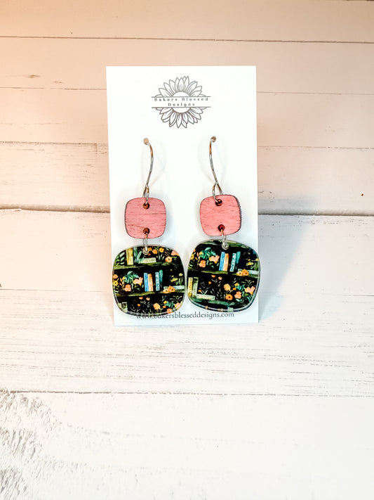Pink & Book Lover Dangle Earrings – Handmade Lightweight Statement Jewelry