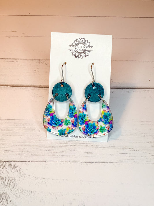 Teal & Floral Statement Earrings – Lightweight Colorful Drop Jewelry