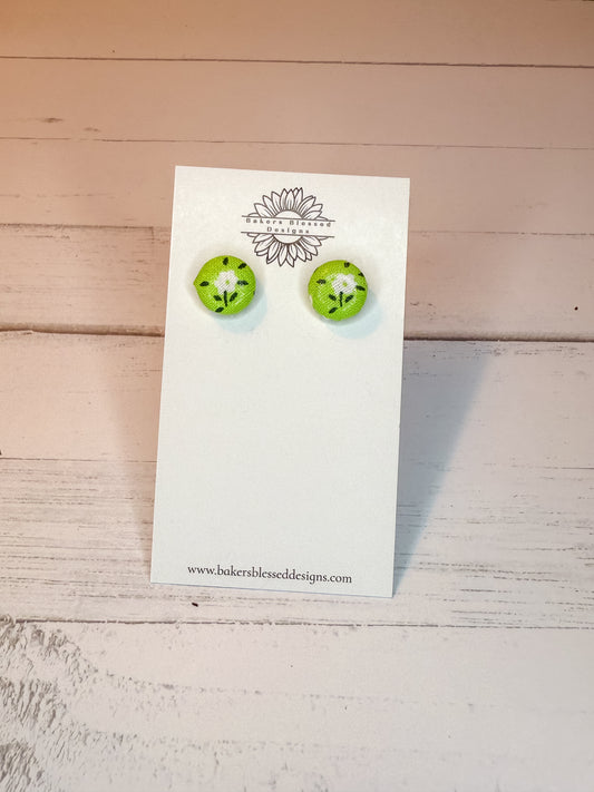 White Floral Fabric Stud Earrings – Green Background Everyday Jewelry