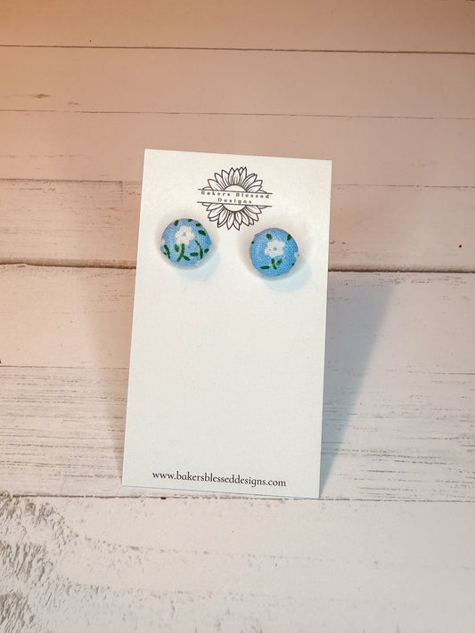 White Floral Fabric Stud Earrings – Blue Background Everyday Jewelry
