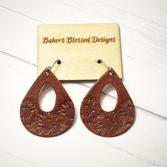 Sunflower Open Teardrop Genuine Leather Earrings