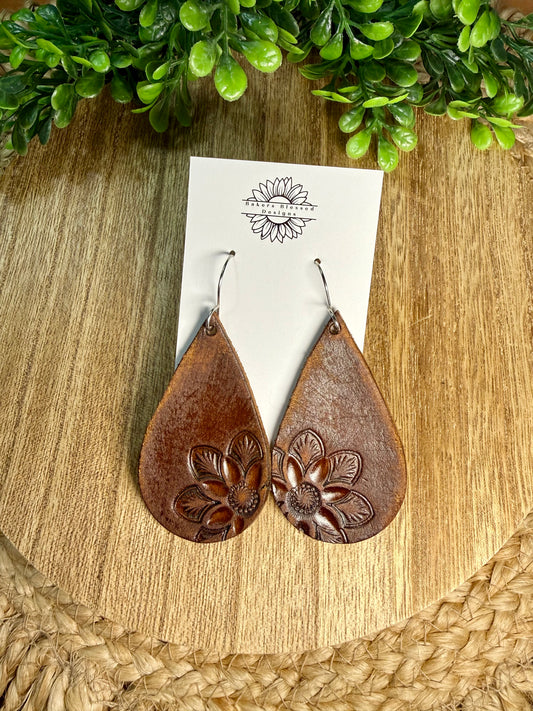 Tooled Floral Themed Leather Earrings